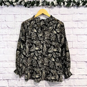 Zara Button Down Green Palm Print Long Sleeve Blouse Floral Sheer Size XS